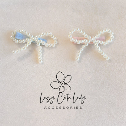 Velvet Pearl Bow Hair Clip – Coquette Style Barrette in Pink or Blue-Gift for her