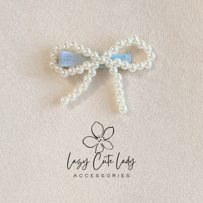 Velvet Pearl Bow Hair Clip – Coquette Style Barrette in Pink or Blue-Gift for her
