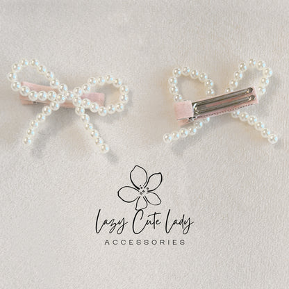 Velvet Pearl Bow Hair Clip – Coquette Style Barrette in Pink or Blue-Gift for her