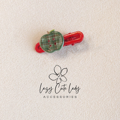 Plaid Apple Hair Clips – Red Snap Barrettes for Back to School & Fall Outfits