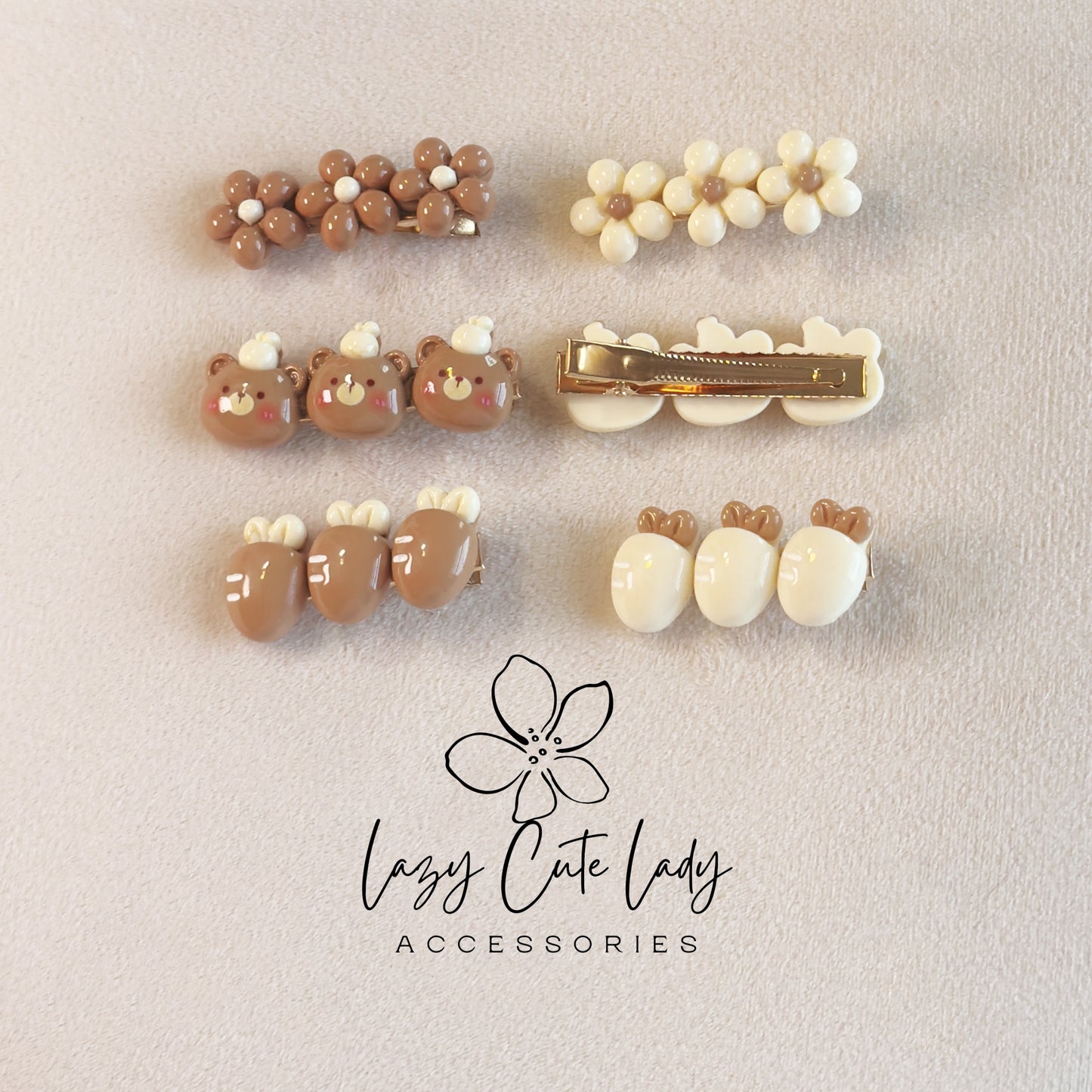 Teddy Bear, Flower & Carrot Hair Clips Set