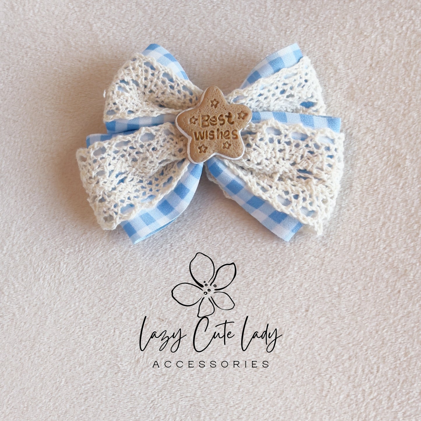Cute Blue Gingham Lace Bow Hair Clips – Vintage Aesthetic Barrettes with “Best Wishes” Star