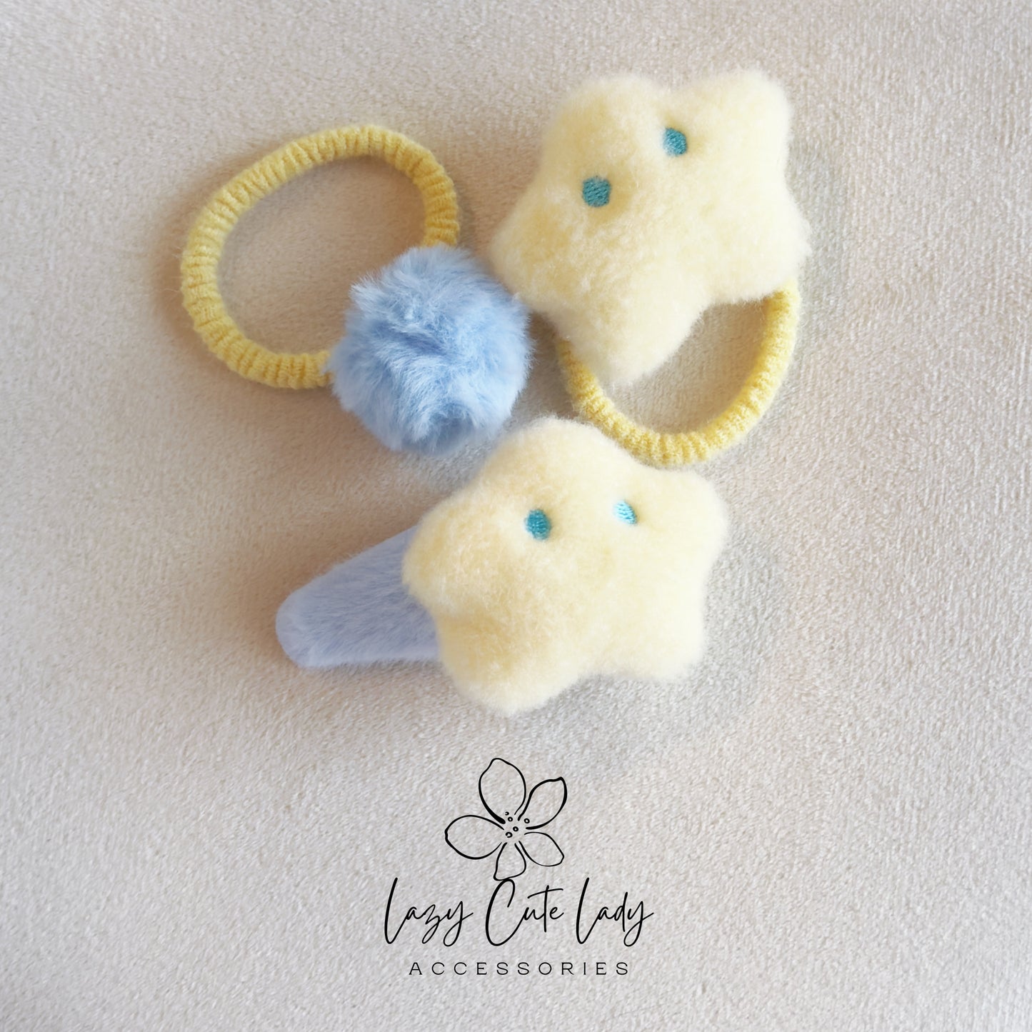 Fluffy Star &amp; Moon Hair Clips and Hair Ties – Soft Plush Hair Accessories for Girls and Women