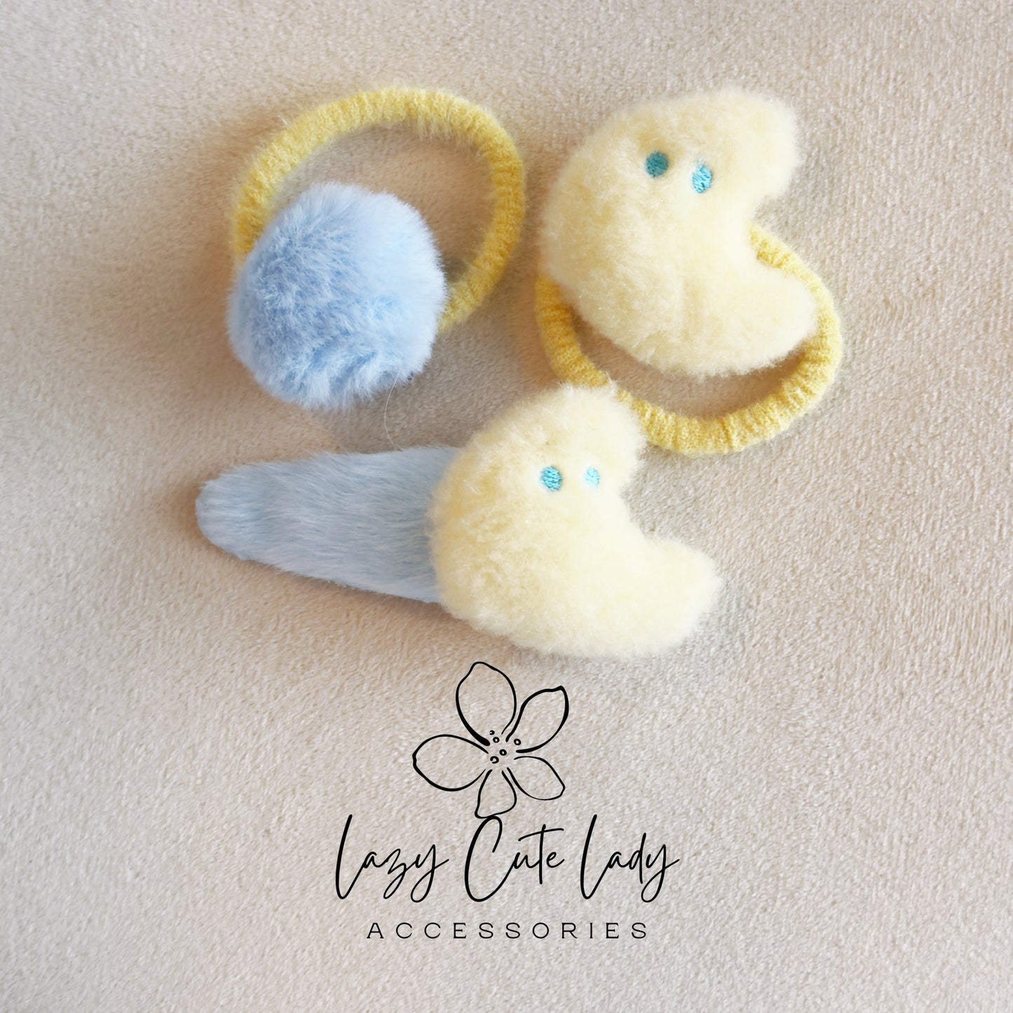 Fluffy Star &amp; Moon Hair Clips and Hair Ties – Soft Plush Hair Accessories for Girls and Women