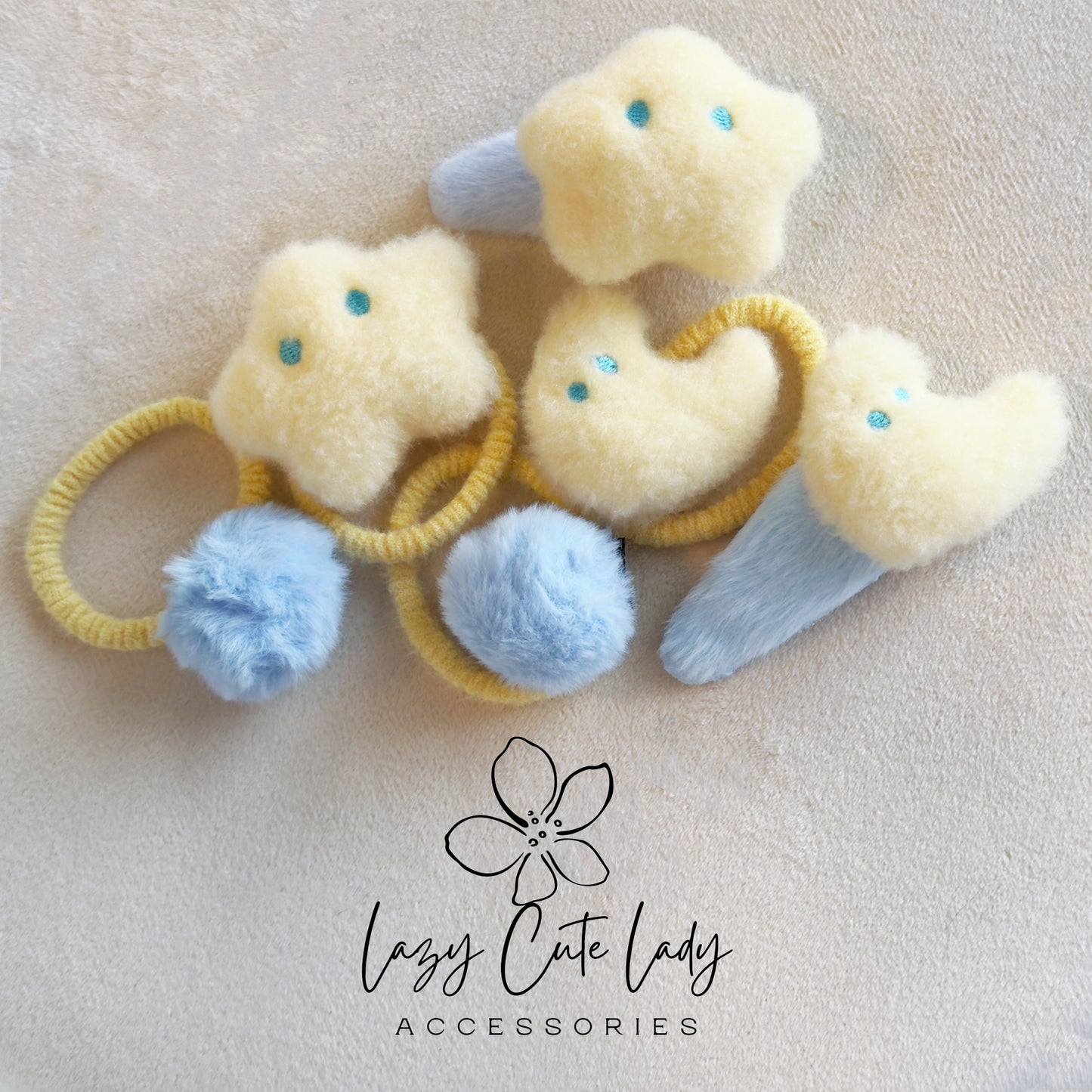 Fluffy Star &amp; Moon Hair Clips and Hair Ties – Soft Plush Hair Accessories for Girls and Women
