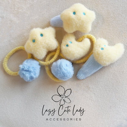 Fluffy Star &amp; Moon Hair Clips and Hair Ties – Soft Plush Hair Accessories for Girls and Women