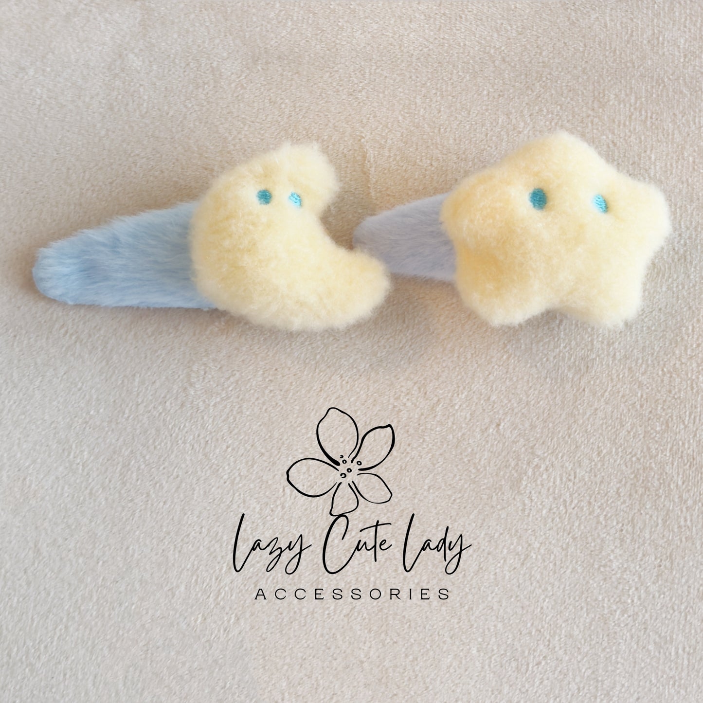 Fluffy Star &amp; Moon Hair Clips and Hair Ties – Soft Plush Hair Accessories for Girls and Women