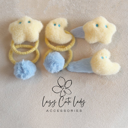 Fluffy Star &amp; Moon Hair Clips and Hair Ties – Soft Plush Hair Accessories for Girls and Women