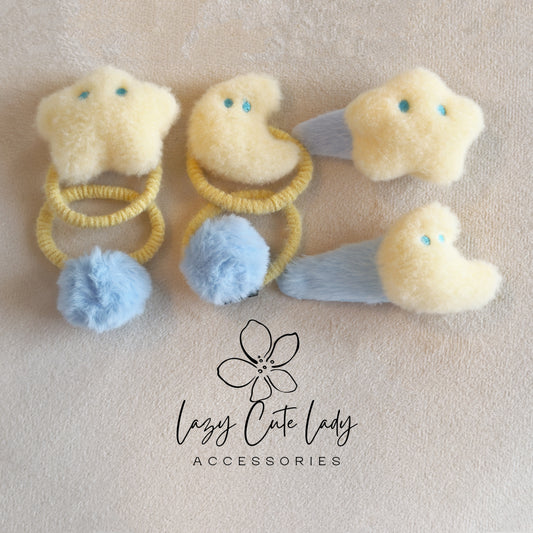 Fluffy Star &amp; Moon Hair Clips and Hair Ties – Soft Plush Hair Accessories for Girls and Women
