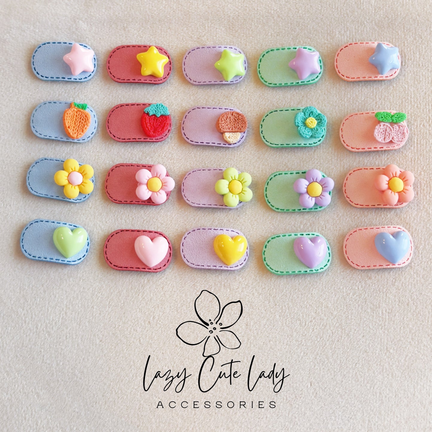 Pastel Resin Hair Clips – Felt-Look Stars, Hearts, Flowers &amp; Fruits