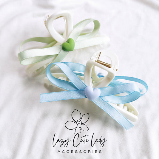 Summer Fresh Ribbon Bow Heart Hair Claw - Available in Blue and Green