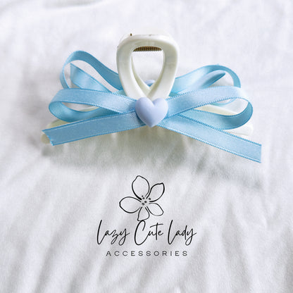 Summer Fresh Ribbon Bow Heart Hair Claw - Available in Blue and Green
