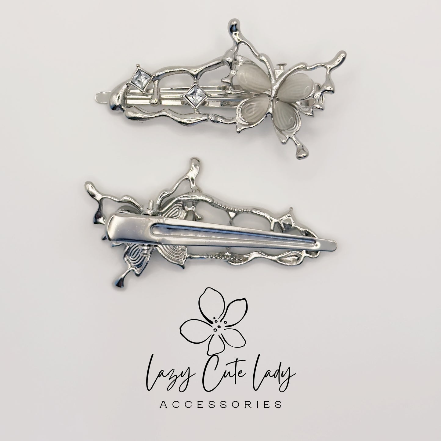 Vintage Butterfly Silver Hair Clip with Rhinestone Details- Gift for her