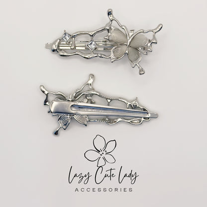 Vintage Butterfly Silver Hair Clip with Rhinestone Details- Gift for her