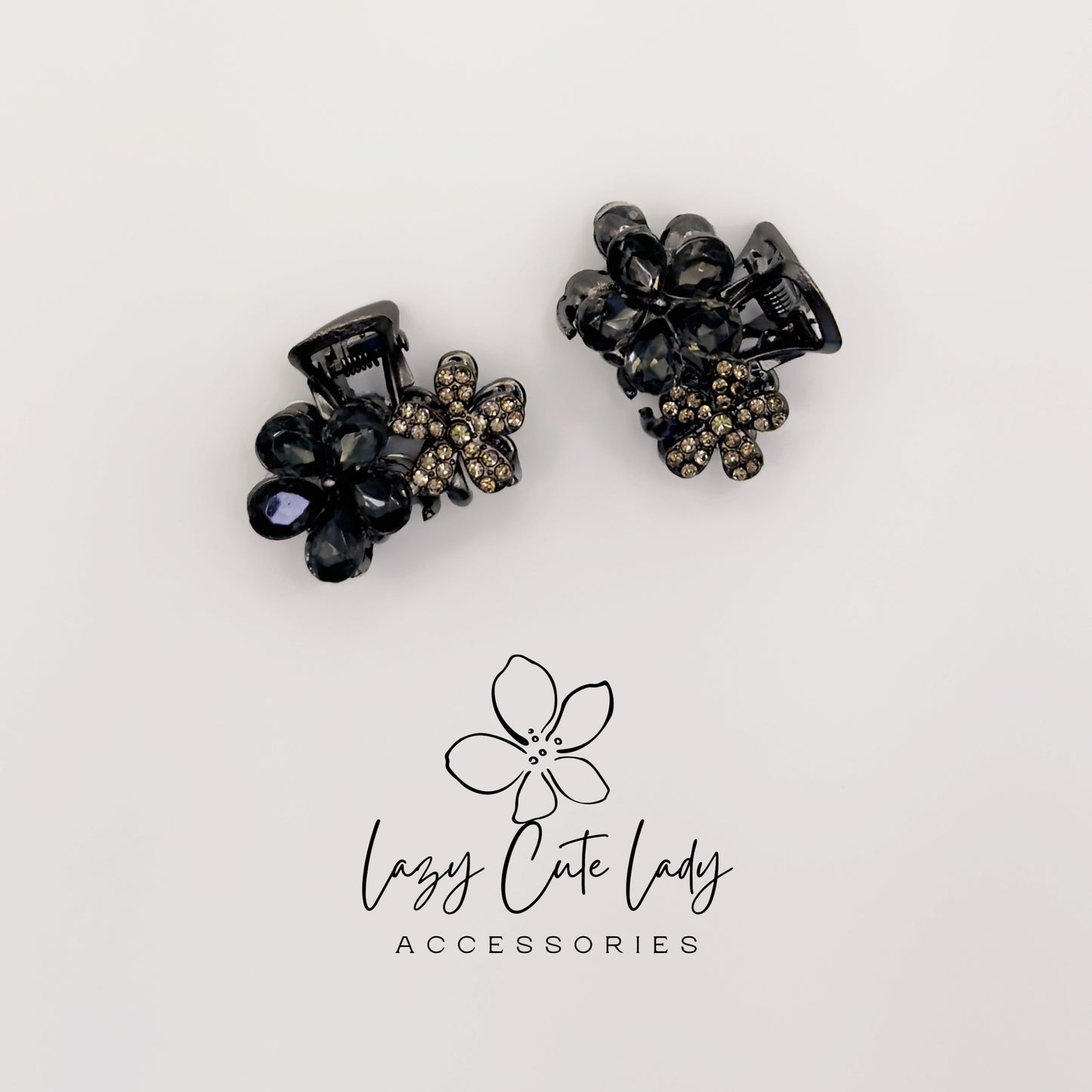 Vintage Black Flower Mini Hair Claw Set with Rhinestones- Gift for her