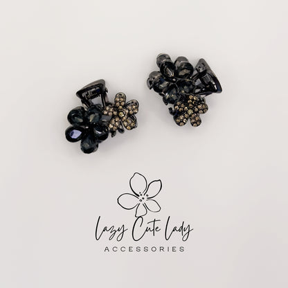 Vintage Black Flower Mini Hair Claw Set with Rhinestones- Gift for her