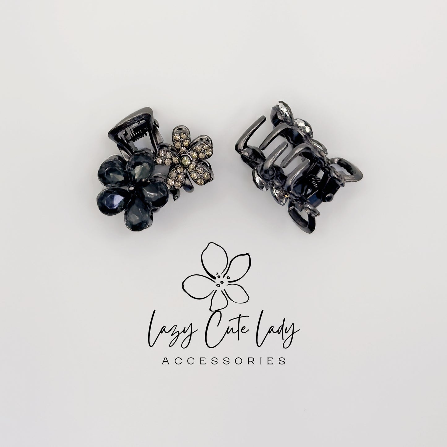 Vintage Black Flower Mini Hair Claw Set with Rhinestones- Gift for her