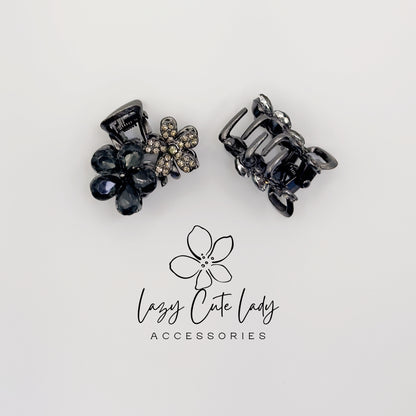 Vintage Black Flower Mini Hair Claw Set with Rhinestones- Gift for her