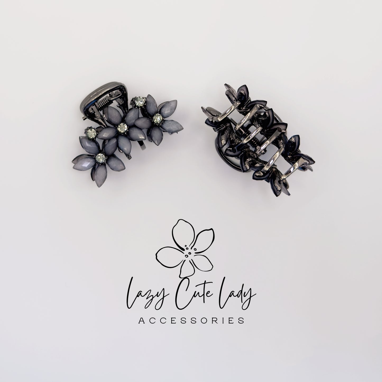 Vintage Black Flower Mini Hair Claw Set with Rhinestones- Gift for her