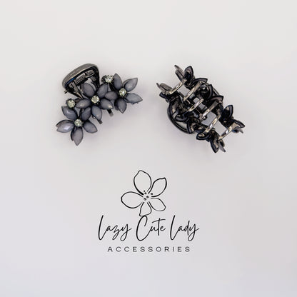 Vintage Black Flower Mini Hair Claw Set with Rhinestones- Gift for her