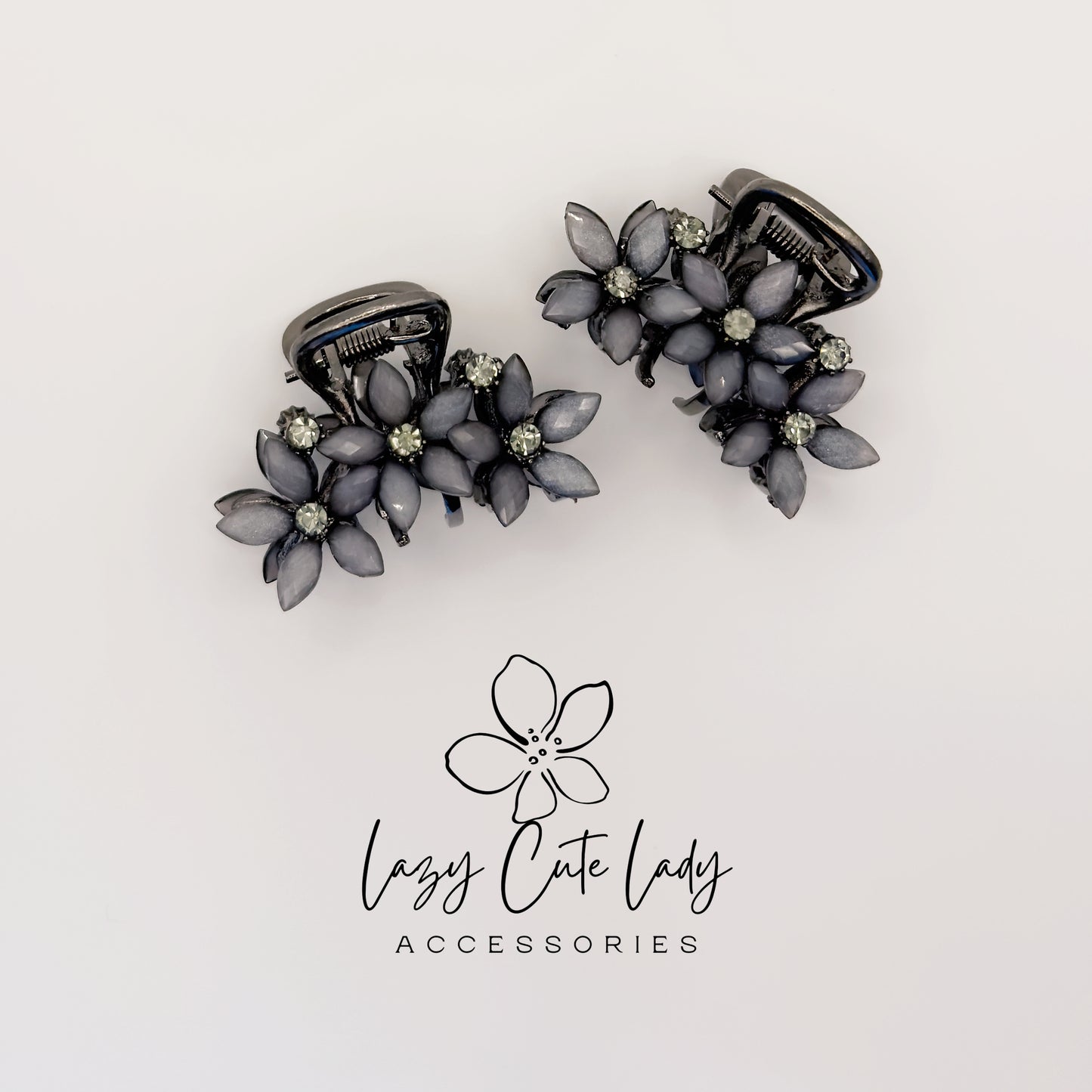 Vintage Black Flower Mini Hair Claw Set with Rhinestones- Gift for her