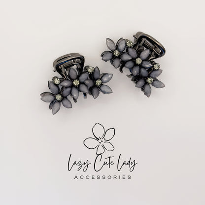 Vintage Black Flower Mini Hair Claw Set with Rhinestones- Gift for her