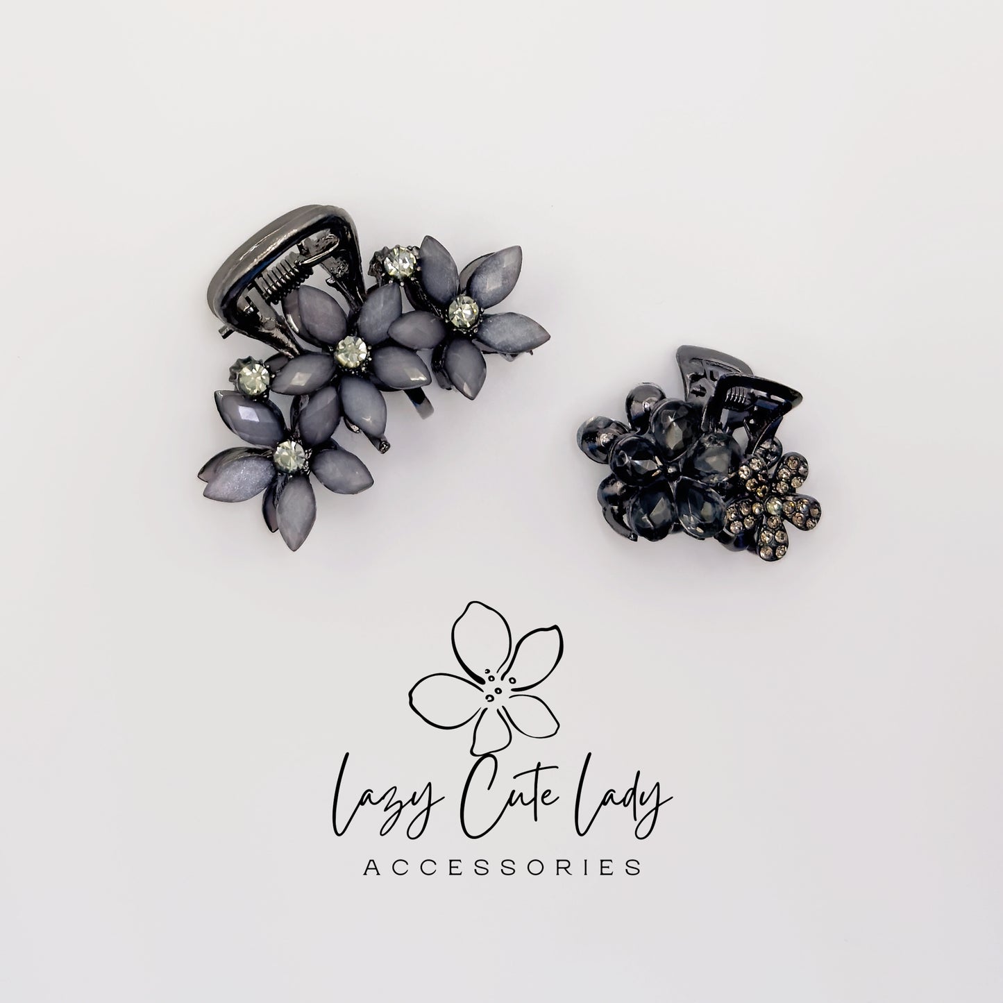 Vintage Black Flower Mini Hair Claw Set with Rhinestones- Gift for her