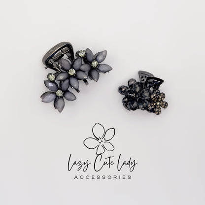 Vintage Black Flower Mini Hair Claw Set with Rhinestones- Gift for her