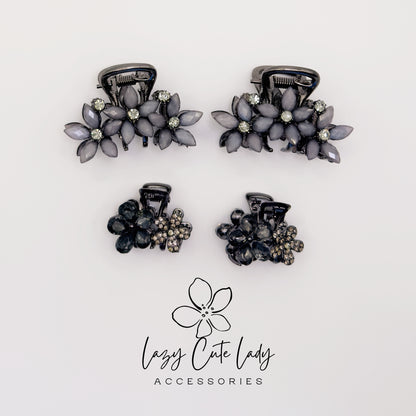Vintage Black Flower Mini Hair Claw Set with Rhinestones- Gift for her