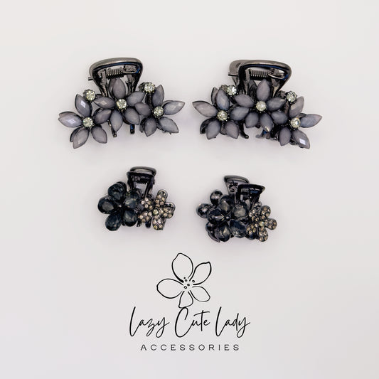 Vintage Black Flower Mini Hair Claw Set with Rhinestones- Gift for her