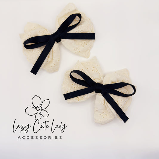 Vintage Navy &amp; Lace Double Bow Hair Clip