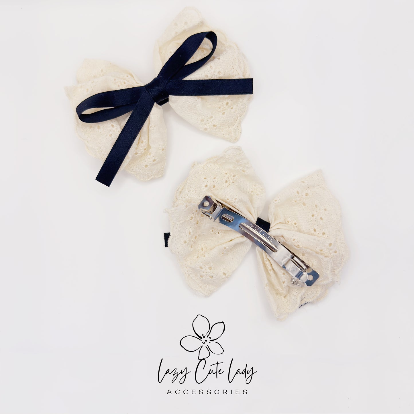Vintage Navy &amp; Lace Double Bow Hair Clip