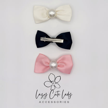 Classic Satin Bow Hair Clip with Pearl Center