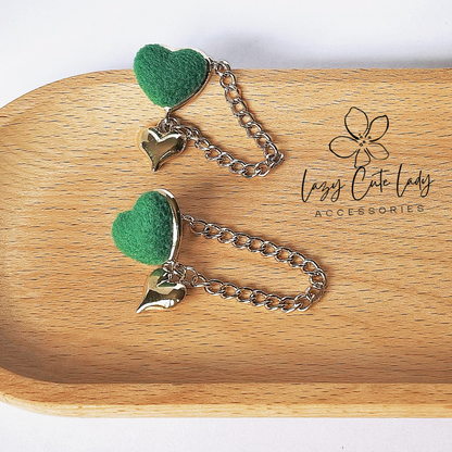Green Fuzzy Heart & Metal Chain Earrings - Artistic and Eye-Catching Design