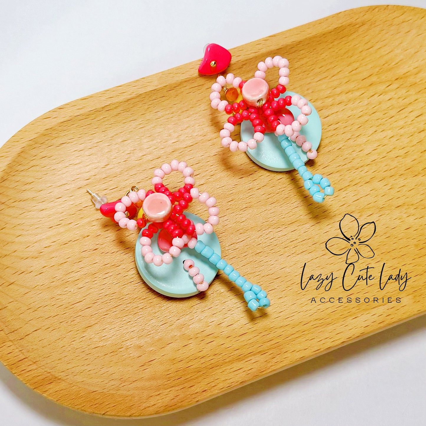 Handcrafted Beaded Flower Drop Earrings - Pink Blossoms with Blue Accents