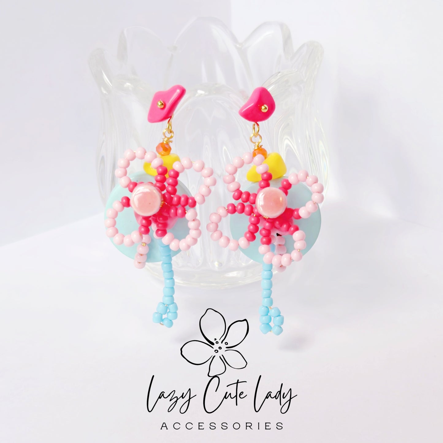 Handcrafted Beaded Flower Drop Earrings - Pink Blossoms with Blue Accents