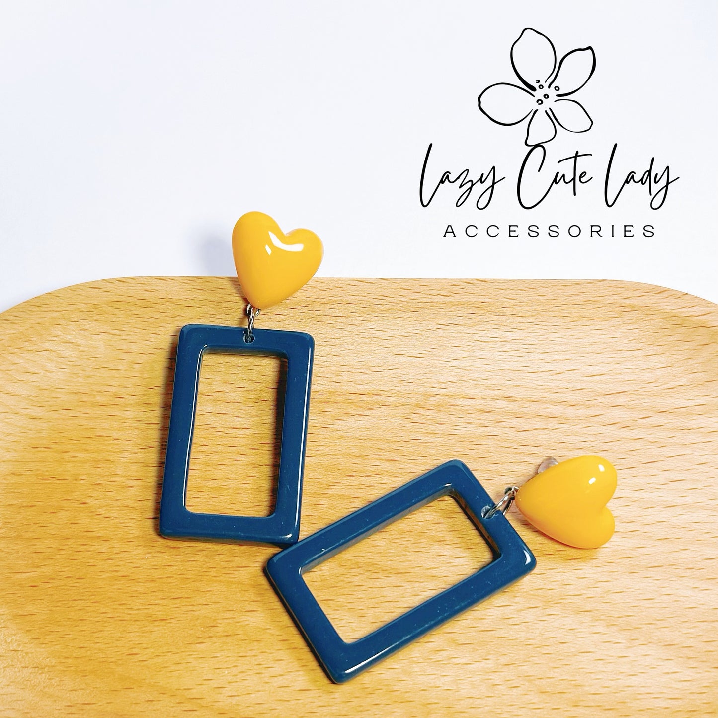 Yellow Heart and Navy Rectangle Geometric Drop Earrings