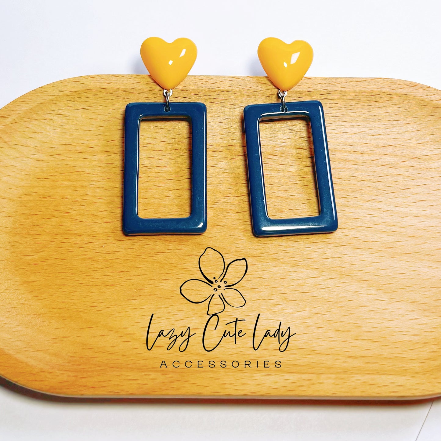 Yellow Heart and Navy Rectangle Geometric Drop Earrings