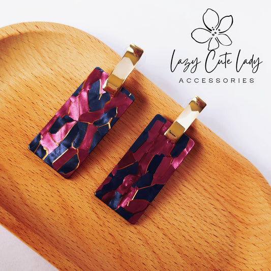 Vintage Geometric Acetate Rectangular Earrings - Bold Rose Pink & Deep Blue with Metal Accents