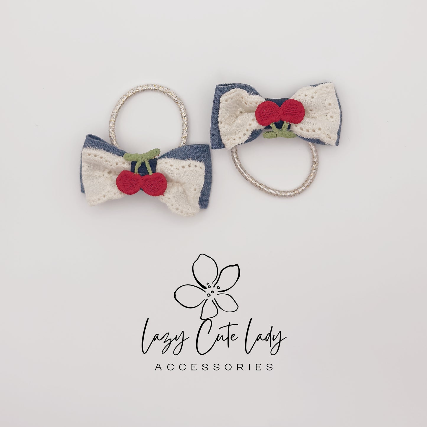 Cherry Bow Hair Clips &amp; Hair Ties – Cute Denim and Lace Hair Accessories for Girls and Women