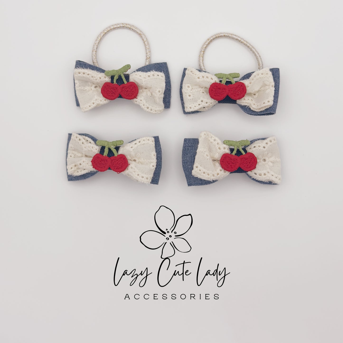 Cherry Bow Hair Clips &amp; Hair Ties – Cute Denim and Lace Hair Accessories for Girls and Women
