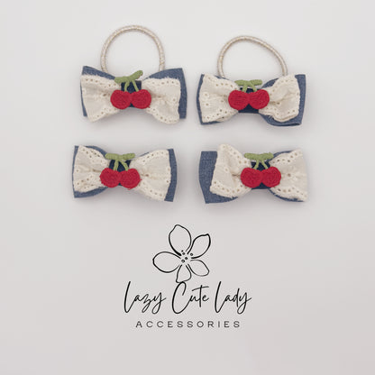 Cherry Bow Hair Clips &amp; Hair Ties – Cute Denim and Lace Hair Accessories for Girls and Women