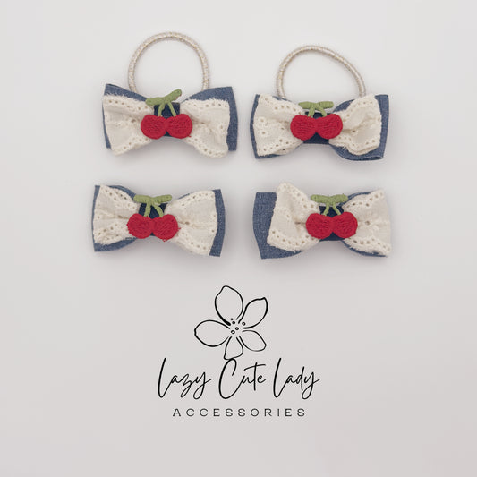 Cherry Bow Hair Clips &amp; Hair Ties – Cute Denim and Lace Hair Accessories for Girls and Women