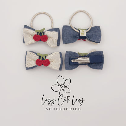 Cherry Bow Hair Clips &amp; Hair Ties – Cute Denim and Lace Hair Accessories for Girls and Women