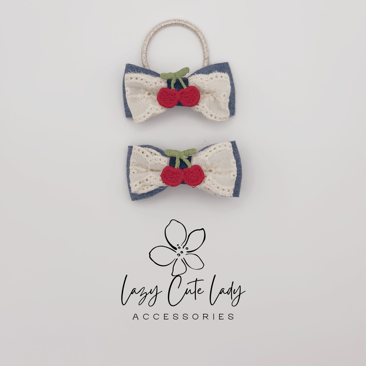Cherry Bow Hair Clips &amp; Hair Ties – Cute Denim and Lace Hair Accessories for Girls and Women