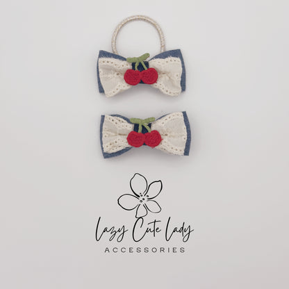Cherry Bow Hair Clips &amp; Hair Ties – Cute Denim and Lace Hair Accessories for Girls and Women