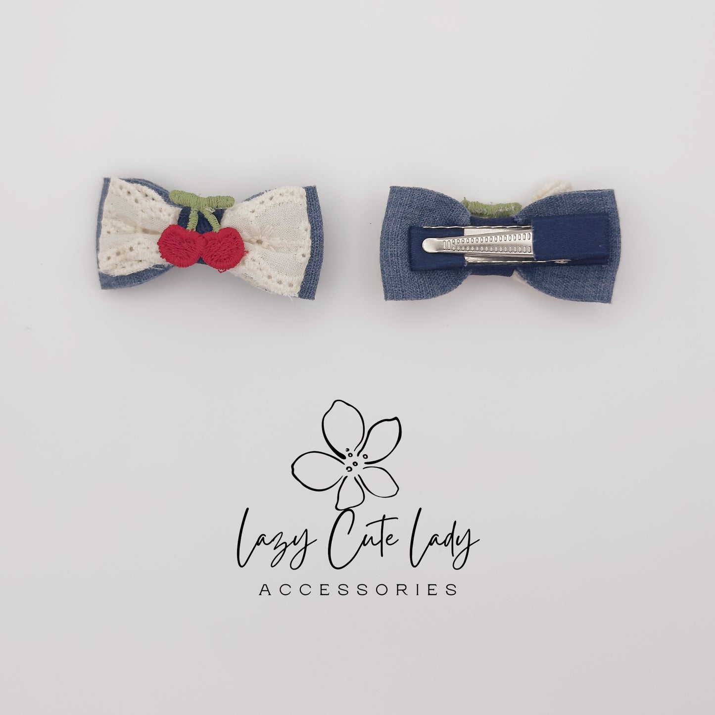 Cherry Bow Hair Clips &amp; Hair Ties – Cute Denim and Lace Hair Accessories for Girls and Women