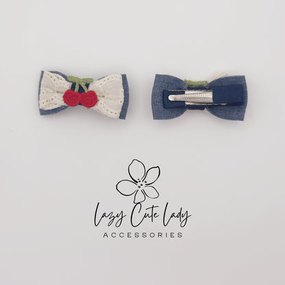 Cherry Bow Hair Clips &amp; Hair Ties – Cute Denim and Lace Hair Accessories for Girls and Women