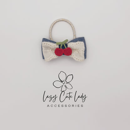 Cherry Bow Hair Clips &amp; Hair Ties – Cute Denim and Lace Hair Accessories for Girls and Women