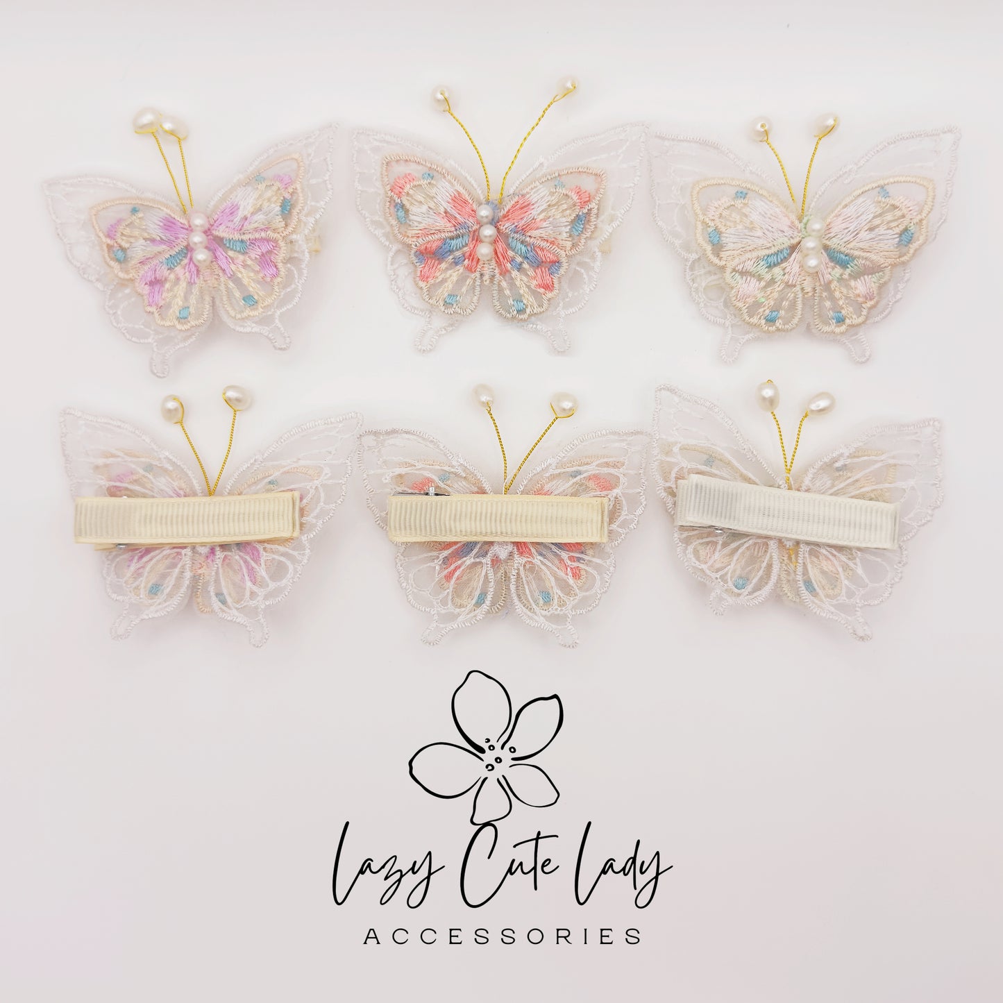 Embroidered Butterfly Hair Clips – Lace and Pearl Wedding Barrettes for Girls and Women
